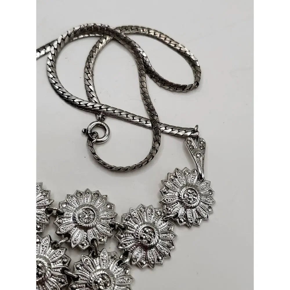Vintage Floral Necklace Marked Sterling with Marcasite Accents 17 Inch - Picture 5 of 10